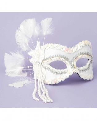 Half Mask Feathers, Beads White O/S