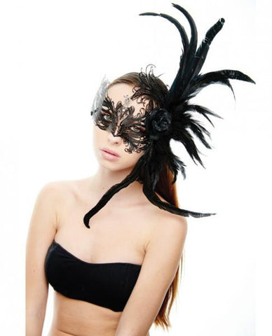 Laser Cut Mask Black Rose & Feathers Black O/S