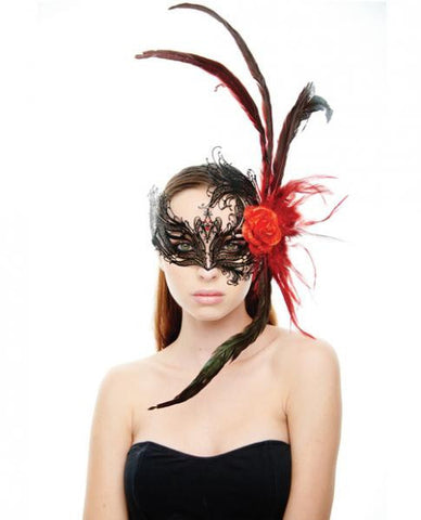 Laser Cut Mask Red Rose & Feathers Black O/S